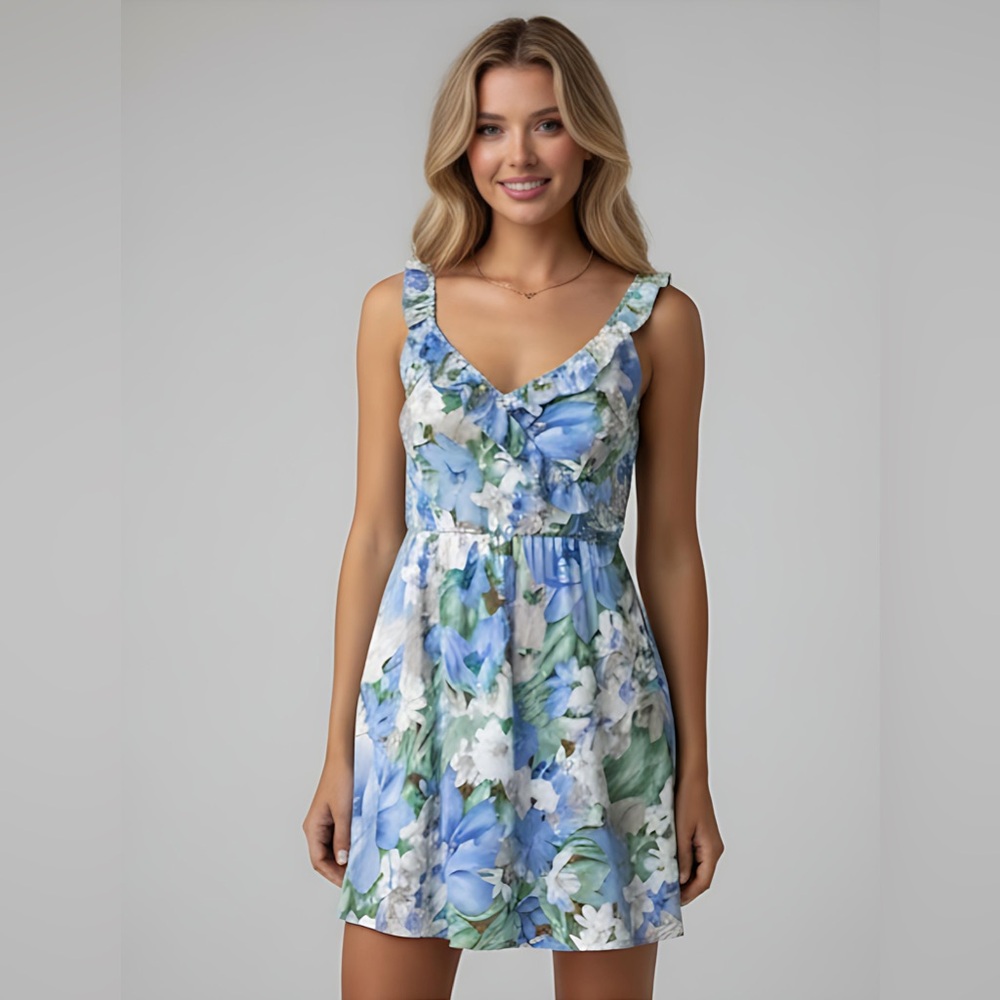 Blue Flower Print Ruffle Hem Mini Cami Dress